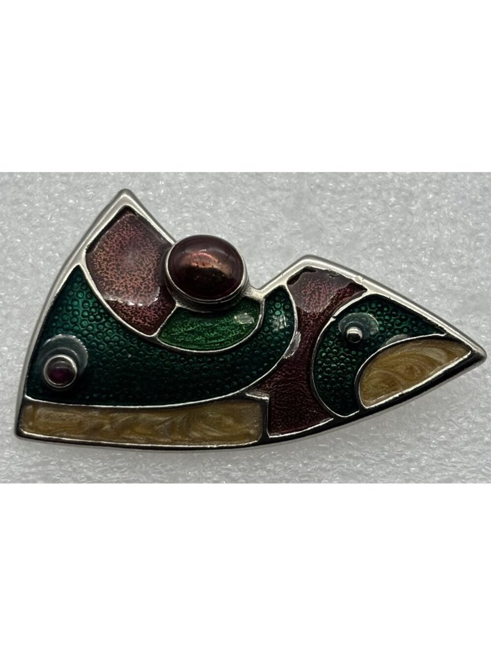 Vintage AV Geometric Abstract Fish Brooch Green Yellow Plum Enamel Silver Tone